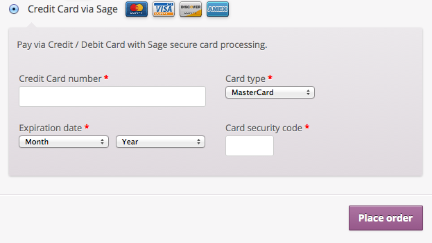 The Sage payment form