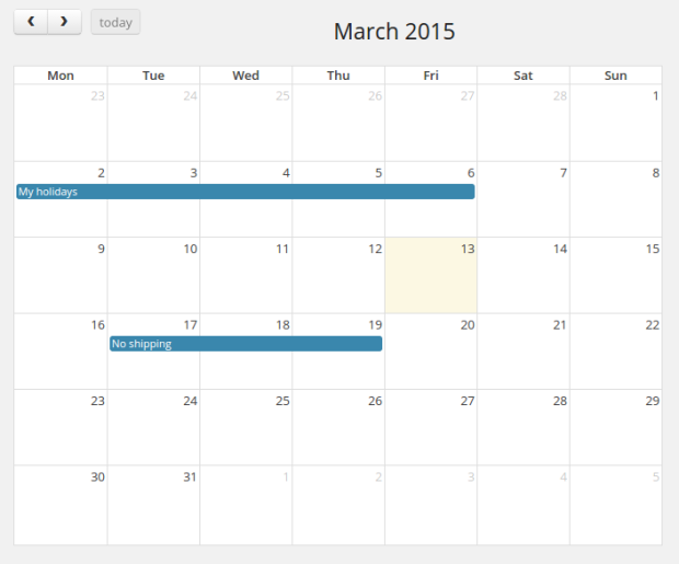 Shipping calendar, within the WooCommerce admin.