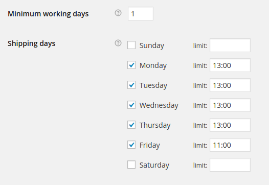 Set delivery date options per day of the week.